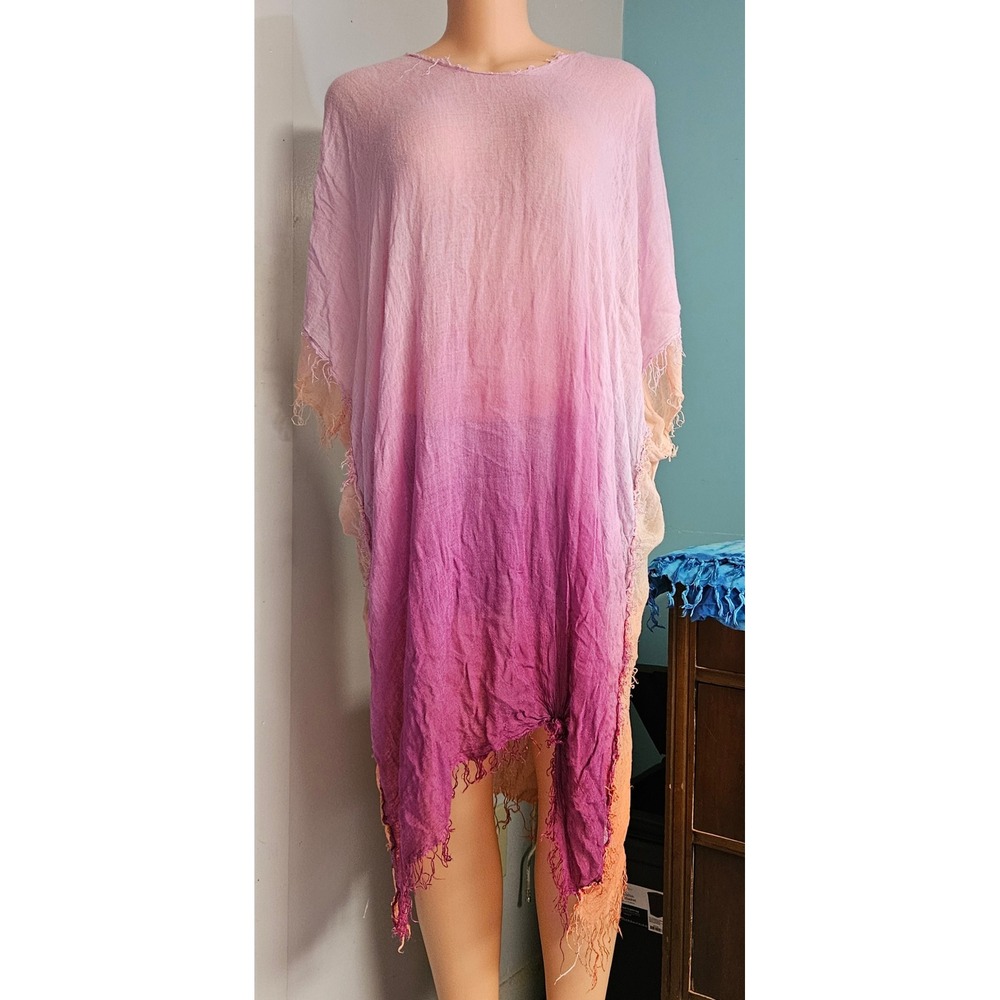 Rane Ombre Kaftan Poncho Top Womens OS Pink Purple Orange‎ Boho Frayed Hem